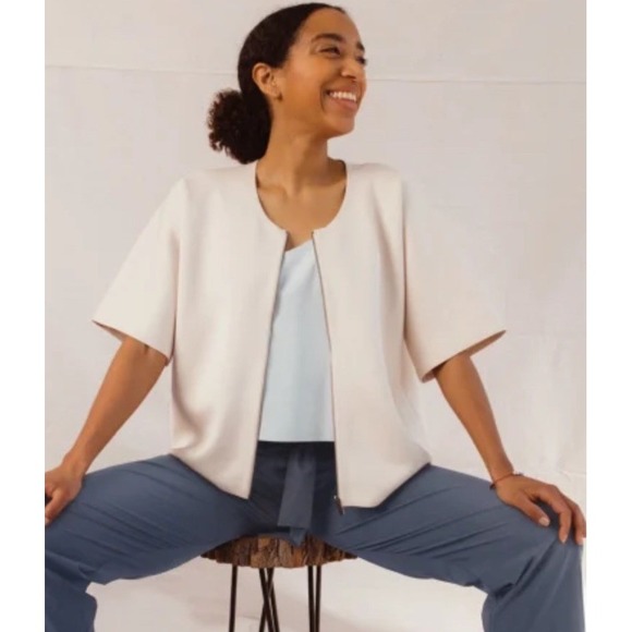 ADAY Jackets & Blazers - ADAY Waste Nothing Ivory Pale Gray Zipper Short Sleeve Vegan Jacket Size S XS